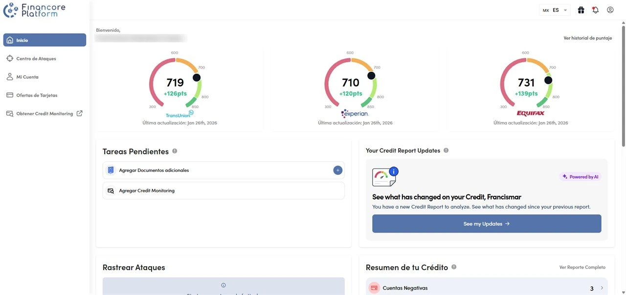 Portal del cliente Financore Platform — Vista completa con sidebar y 3 scores
