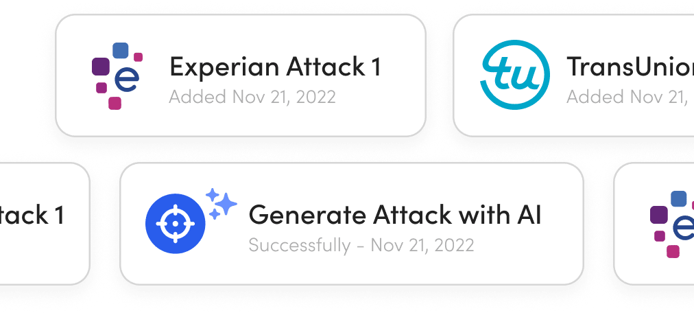 Centro de ataques — Experian Attack 1, TransUnion Attack 1, Generate Attack with AI