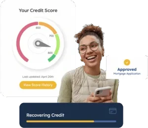 Cliente con score gauge mejorado y Approved Mortgage Application